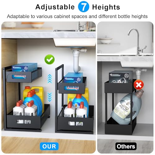 Petiza Under Sink Organizer Pull Out Cabinet Organizer Adjustable Height 2 Tier with Sliding Drawers Kitchen Bathroom Organizer and Storage(1pc) - color: Black, size: Extra Large-1 pack