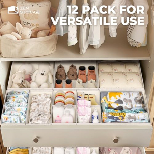 Cotton Linen Drawer Organizer for Baby Clothes, 12Pack Multi-Size Nursery Dresser Dividers for Clothes, Premium Foldable Storage Bins for Bedroom, Closet and Diaper Table, Beige - size: Linen 12 Pack