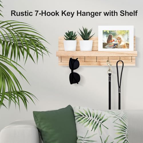 Lwenki Decorative Key Holder for Wall with Shelf, Entryway Shelf with Hooks Holds Leashes, Jackets and Glasses – Sturdy Wood Keyholder Entrance Hanger with Mounting Hardware (Wood, Large) - color: Wood, size: Large