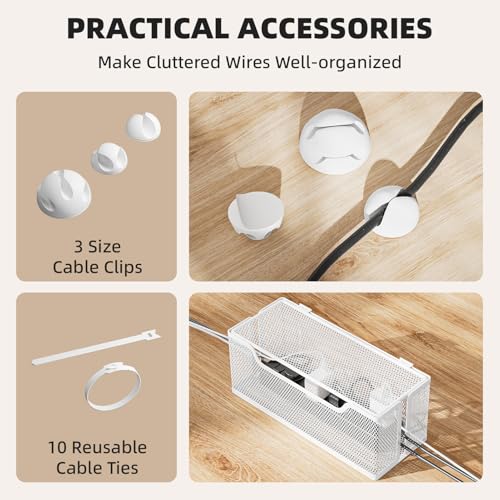 3 Pack Cable Management Box, Metal Mesh Cord Organizer Box for TV Wires, Electrical Hiding, Power Strip – Under Desk Cable Storage Box with Cable Clips&Reusable Cable Ties for HomeOffice - White - color: White
