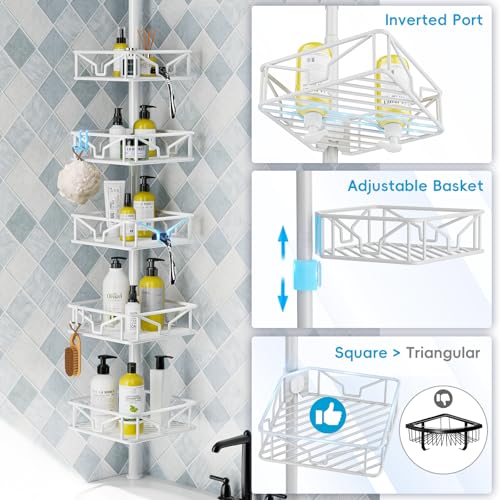 Skycarper 5 Tier Adjustable Corner Shower Caddy Organizer with Hooks,Rustproof Tension Pole 62-116 Inch,White - color: White