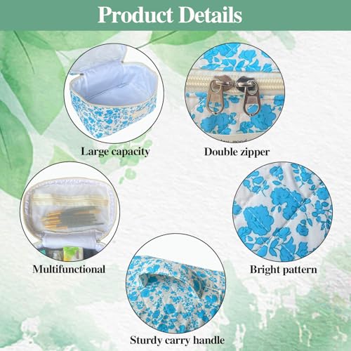 Lake Blue Large Quilted Floral Makeup Bag Cute Soft Coquette Aesthetic Cosmetic Bag Cotton Travel Toiletry Bag for Women - color: A-Lake Blue
