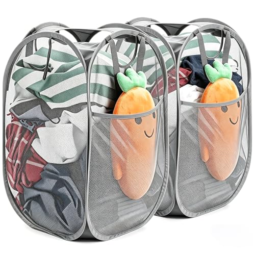 HOUSE AGAIN 2 Pcs Pop Up Laundry Hamper, Strong Mesh Laundry Baskets Collapsible, Hamper with Handles and Side Pocket, Portable Foldable Dirty Clothes for Dorm, Laundry room and Travel Storage, Grey - color: Gray, size: 2-Pack