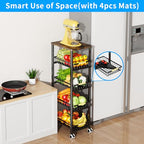 Fruit Vegetable Storage Basket for Kitchen, 5 Tier Large Pull-Out Metal Wire Baskets with 4 Pack Mats Bottom, Wood Top and Wheels, Vegetable Produce Bins Stand Cart Rack for Onions and Potatoes - color: 5 Tier-black With Four Mats and Wood Top