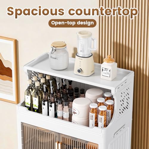 6 Tier Plastic Storage Bins with Top Open Shelf, Folding Storage Box with Doors and Wheels, Stackable Closet Organizers for Living Room, Office, Dorm