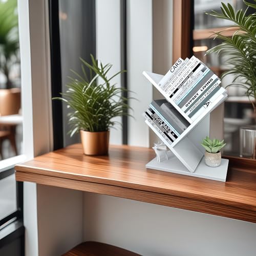 Godferyxin Tree Bookshelf, 3-Tier Small Bookcase for Desk – Wood Small Bookshelf with Storage Shelves, Mini Bookcase for Bedroom, Office, White Bookshelf, CDs, Magazines Desktop Book Tree - color: 3-tier-white