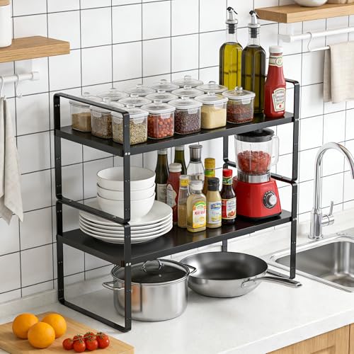 Expandable Cabinet Storage Shelf, Stackable Organizer Rack for Kitchen Bathroom Pantry Spice Cupboard Countertop Home Office Desk, Heavy Duty, Black Large 1 PACK, 10.2 Inch Depth - color: Smooth Black, size: Large - 10.2"D - 1 Pack