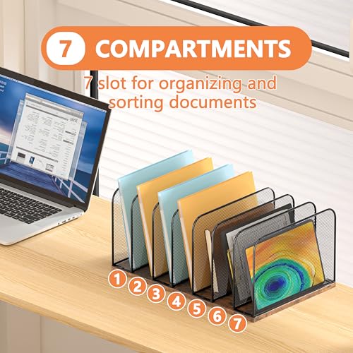 Piskyet Wooden Desk File Organizer, 7-Section Vertical File Folder Holder Stand,Metal Mail Paper Chromebook Organizer for Teacher Desk Office Classroom Desktop Organization - size: 7-Section