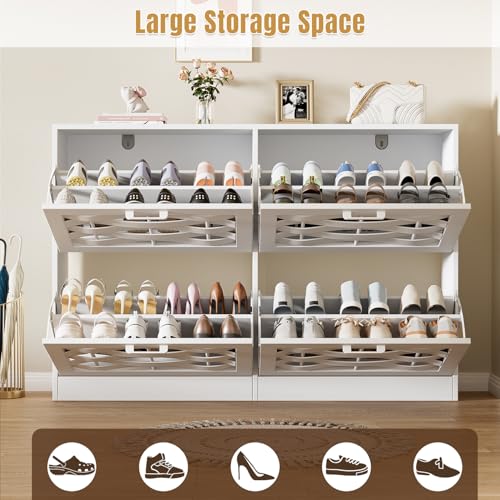 White Shoe Cabinet Storage with 4 Flip Drawers for Entryway, Slim Shoe Rack Cabinet with Woven Design Drawers, Narrow Shoe Organizer for Hallway, Apartment - color: White, size: 4 Drawers