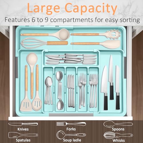 Silverware Organizer Expandable Kitchen Utensil Drawer Organizer Large BPA Free Adjustable Cutlery Silverware Tray for Spoons Forks Knives Storage Divider for Kitchen Flatware 6-9 Slots Turquoise - color: Turquoise