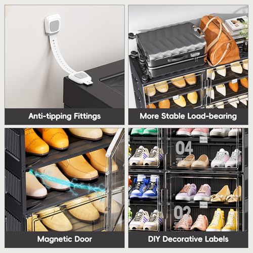 JEKO&JEKO 6 Tiers Foldable Shoe Rack Organizer Cabinet for Closet Entryway, Large Collapsible Shoe Storage Box with Magnetic Doors (Black) - color: Double-row, size: 6 Tiers