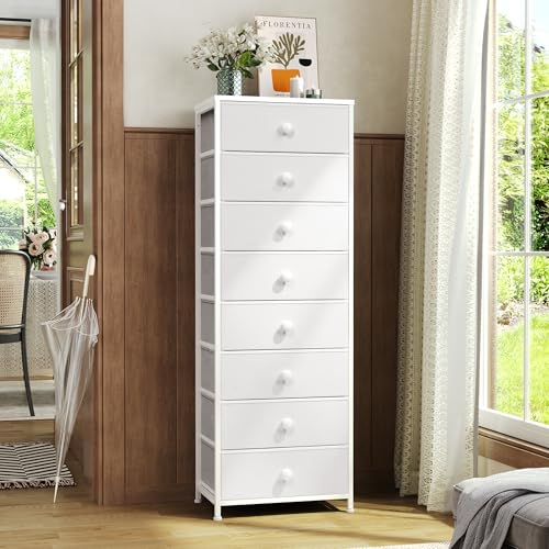 Crestlive Products Tall Dresser, 8-Drawer Fabirc Storage Tower, Chests of Drawers - Vertical Organizer Unit for Bedroom, Hallway, Entryway, Nursery, Closets - Steel Frame, Wood Top & Handles (White) - color: White, style: Narrow-8 Drawers