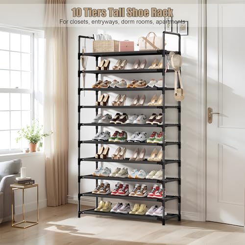 Shoe Rack, 10 Tier Shoe Storage Organizer with Hooks,Fit 40-45 Pairs Shoes,Nonwoven Fabric Tall Shoe Shelf for Closet,Entryway, Hallway,Garage,Bedroom,Cloakroom - color: Nonwoven Fabric, size: X-Large
