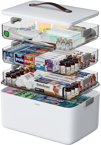 CTIME 4-Tier XL Medicine Organizer - Portable Medicine Cabinet with Leather Handle, Empty First Aid Kit for Home Organization Must, School, Dormitory, Travel, RV, Dorm, Ideal Elderly Gift - size: Extra Large 4-Tier