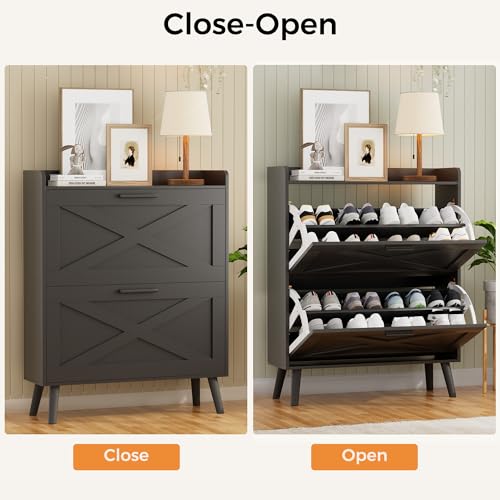 Homleke 32" W Farmhouse Shoe Storage Cabinet with 2 Flip Drawers and Barn Door Design, Adjustable Shelves, Modern Hidden Slim Narrow Shoe Rack Cabinet for Entryway, Foyer, Hallway, Living Room, Black