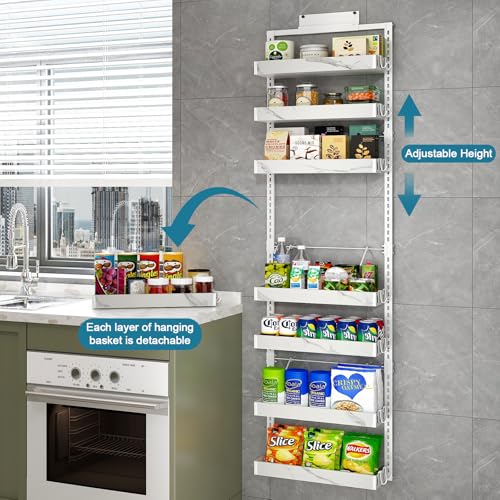BUKFEN 8-Tier Over the Door Pantry Organizer, 2-in-1 Door Hanging or Wall Mounted Spice Rack, Heavy Duty Metal Storage Shelves with Adjustable Baskets for Kitchen Bathroom Closet - color: White pole marble color, size: 8 Tier