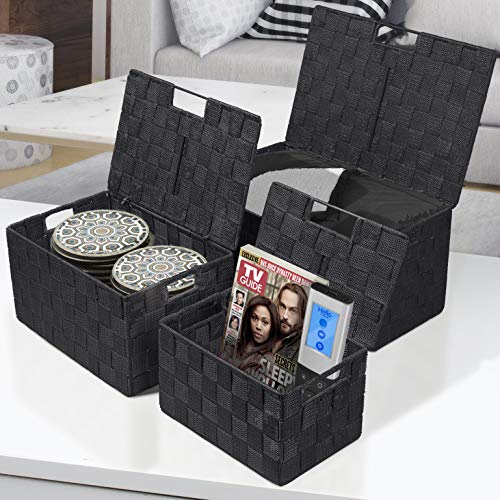 Sorbus Set of 3 Black Woven Storage Baskets with Lids – Mesh Hand-Woven Bins for Closet, Shelf, and Linen Organization – Variety Pack - color: Black