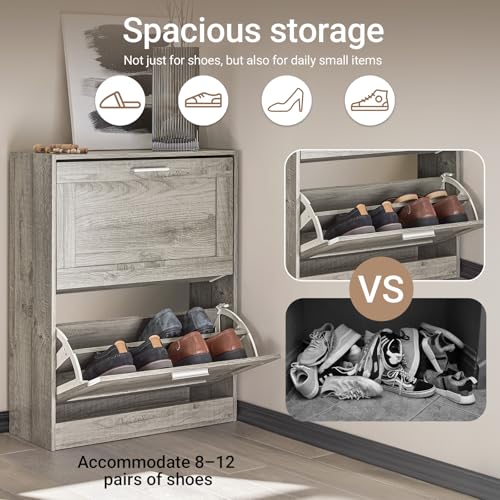 Haotian Enclosed Shoe Rack for Entryway, Narrow Shoe Cabinet with 2 Flip Drawers, Slim Shoe Storage Organizer for Hallway or Small Spaces, Grey, FSR137-HG - color: Grey, size: 2-Drawers