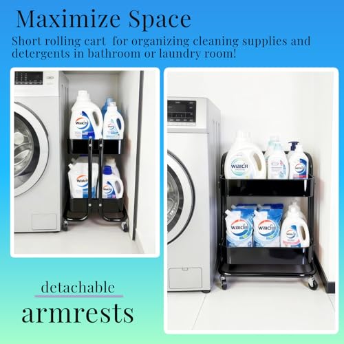 2 Tier Rolling Utility Cart with Wheels All-Metal Short Pantry Cart Under Desk Storage Trolley with Handle, Small Rolling Storage Shelf for Small Space Kitchen Laundry Room Bathroom, Black - color: C-black