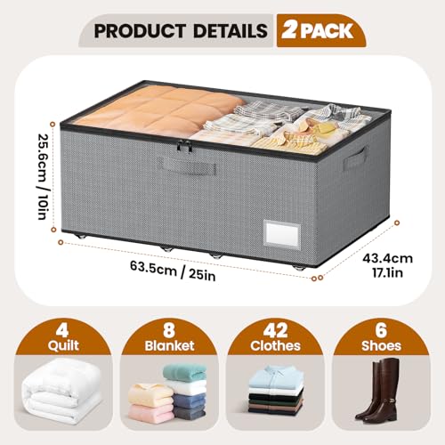 Dayacoco Underbed Storage with Wheels, 2 Pack Under Bed Storage Containers with Clear Lids, No Assembly Required 10.1 inch Rolling Under Bed Storage for Clothes, Grey - size: 10.1 inch height-grey