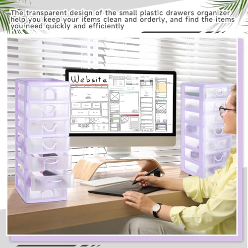 Thyle 2 Pcs Plastic Drawers Organizer Mini Organizer Stackable Plastic Clear Drawer Storage Box Containers Storage Units for Desktop Classroom Craft 6.7 x 4.9 x 13.4 inches(Purple) - color: Purple
