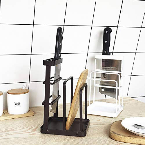 VANRA Metal Knife Holder Without Knives with Drain Board, Knife Shelf with 2 Layers Cutting Board Rack Dishes Rack, Kitchen Storage Organizer Cutter Storage Rack,Brown - color: Bronze, size: 4.7"L X 5.5"W X 8.5"H - With Draining Tray