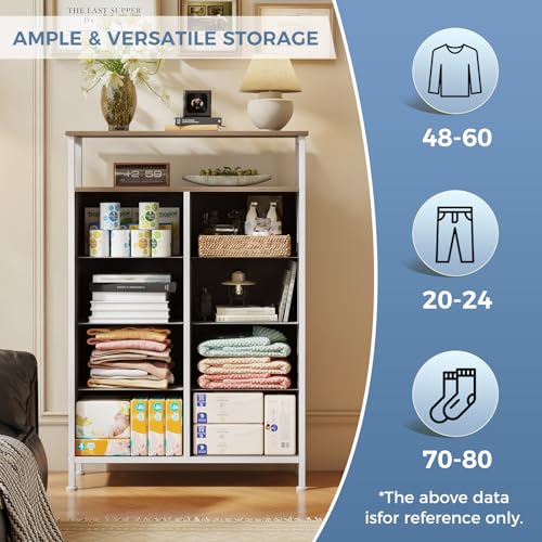 DUMOS Fabric Dresser for Bedroom with 8 Drawers, Tall 8-Drawer Chest of Drawers with Raised Shelf, Storage Tower with Fabric Bins for Closet Organization, Hallway Storage, Oak - color: Oak, size: 31.5"D x 45.9"W x 11.8"H (8 Drawers)