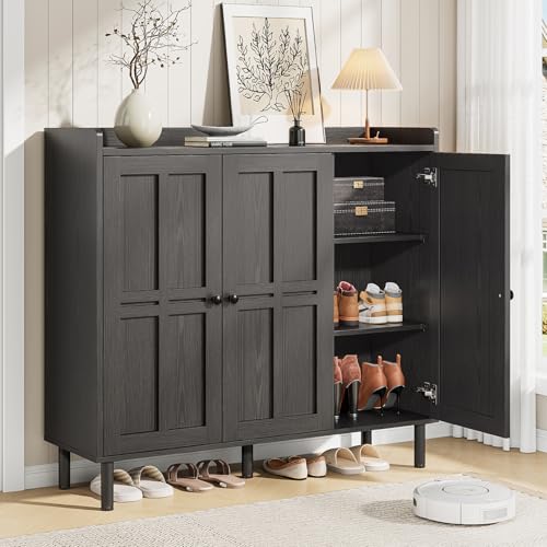 ONBRILL Shoe Cabinet with 3 Doors and Adjustable Shelves, 30 Pairs Shoe Storage Cabinet, 40 Inch Tall Farmhouse Shoe Rack Shoe Organizer Cabinet for Entryway Living Room Closet, Black - color: Black