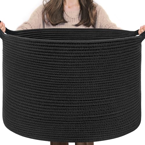INDRESSME XXXLarge Blanket Basket 21.7" x 21.7" x 13.8" Woven Storage Baskets Soft Cotton Rope Toy Baskets Storage Kids Decorative Laundry for Home, Perfect for Living Room, Black - color: Black, size: 21.7"D x 13.8"H