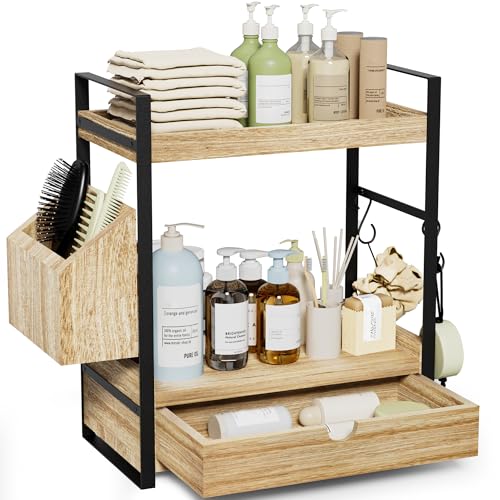2-Tier Bathroom Counter Organizer with Drawer and Basket, Wood Countertop Organizer for Storage, Skincare Organizers for Vanity, Counter Shelf for Bathroom Organization - color: Light Brown