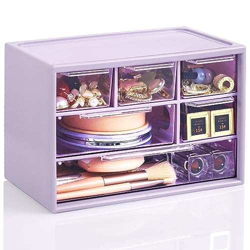 Desk Storage Organizer with 6 Mini Drawers, FODIENS Stackable Desktop Craft Drawer Cabinet, Clear Storage Box Caddy for Makeup Jewelry Office Craft Supplies (Purple) - color: Purple