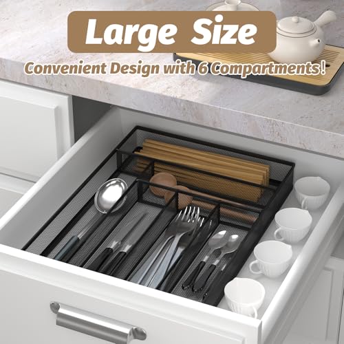 Sedegn Silverware Organizer Metal Mesh, Large Drawer Organizer, Utensil Cutlery Tray for kitchen drawers, Flatware Organizer with 6 Compartment, Black (11.3”*16“) - color: Black, size: 11.3”*16"