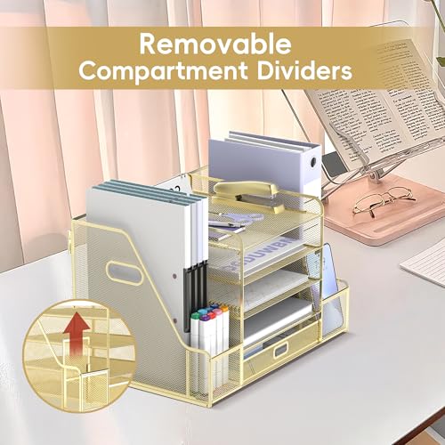 SUPEASY Mesh Desk Organizer with File Holder, 5-Tier Paper Letter Tray Organizer with Magazine Holder, Desktop Organizer and Storage with Drawer for Office Supplies Home or School (Golden) - color: Golden