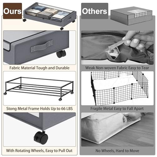 Under Bed Storage with Wheels - 2Pack 60L Underbed Storage Containers with Clear Lid & Label, Rolling Under Bed Storage Bins for Clothes, Shoes, Blankets (XL,Grey) - color: Grey, size: Large