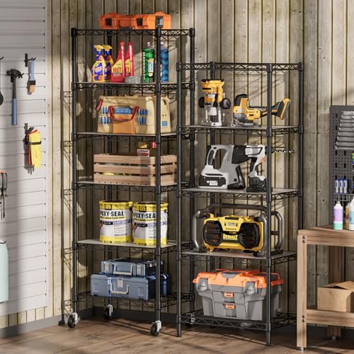 SINGAYE 5 Small Wire Shelves Kitchen Pantry Close Home Organizers and Storage Bathroom Shelf Laundry Room Organization Adjustable Book Metal Garage Shelving Unit - color: Black, size: 5-Tier 11.8"D X 17.3"W X 57.2"H