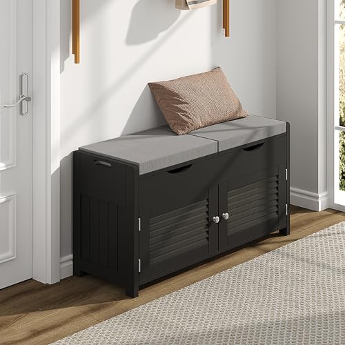 ChooChoo Shoe Storage Bench with Lift Top Storage, Entryway Bench with 2 Cushioned Seats, 3 Compartments, Adjustable Shelf, Shoe Cabinet for Entryway, Bedroom, Living Room, Black - color: Black, size: 13.78"D x 29.53"W x 19.69"H