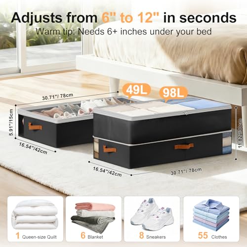Under Bed Storage Bins - 98L Height-adjustable Under Bed Storage Containers, Compression Blanket Storage Comforter Storage Sweater Storage, Clothes Storage Bins With Clear Window, 2 Pack Black - color: Black, size: 2 Pack