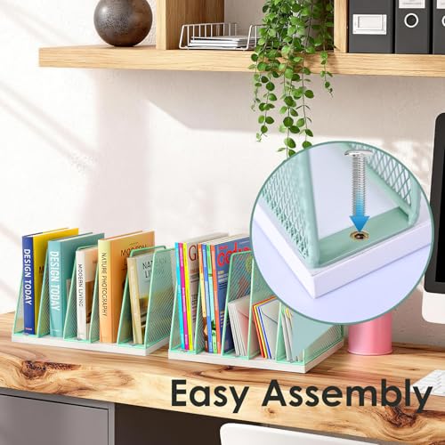 AUPSEN 5-Section File Organizer for Desk, Wood Mesh Desktop File Organizer, File Sorter Storage Rack, Vertical Folder Holder for Files, Magazines, Books (Green) - color: Green