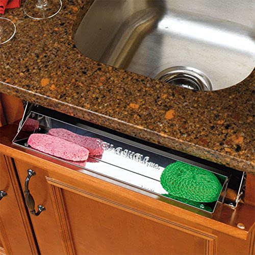 Rev-A-Shelf 28" Slim Tip-Out Sink Tray for Kitchen and Bathroom Base Cabinets, Large Pull Out Stainless Steel Storage Organizer, Silver, 6541-28-52 - size: 28" x 3" x 1.7"