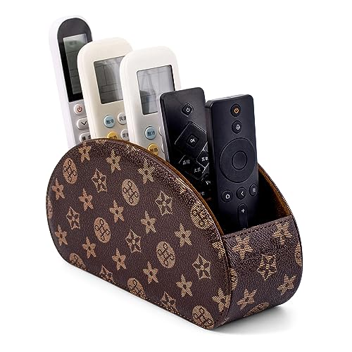 Remote Control Holders Organizer Box with 5 Compartment PU Leather Multi-functional Office Desk Storage Caddy Store Tv Remote for Media Player,Brush,Pencil,Glassees&Office Supplies (Brown+KhakiF) - color: Brown+KhakiF, size: S
