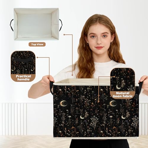 Dark Witchy Moon Floral Storage Box Bins, Mystical Gothic Wildflower Botanical Collapsible Storage Basket Organizer for Bedroom Laundry Room Home Clothes Toys Books, Toybox for Girls - color: Dark Floral