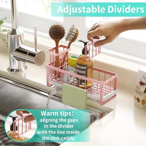 HapiRm Sponge Holder for Kitchen Sink - Self-draining Sink Caddy with Brush and Dishcloth Holders, Stainless Steel Kitchen Organizer for Countertop - Pink - color: Pink, size: with Dishcloth Holder