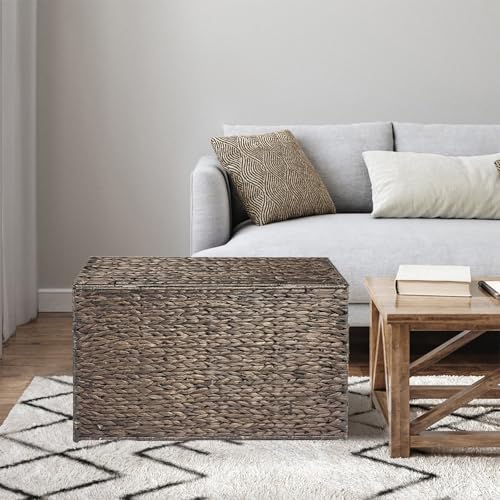 Water Hyacinth Storage Basket with Lid, 52.8 Gallon (200L) Wicker Storage Trunk with Handles, Handwoven Large Wicker Storage Basket for Blanket, Foldable, for Living Room, Bedroom, Brown - color: Brown, size: 200L: 31.5 x 19.7 x 19.7 Inches