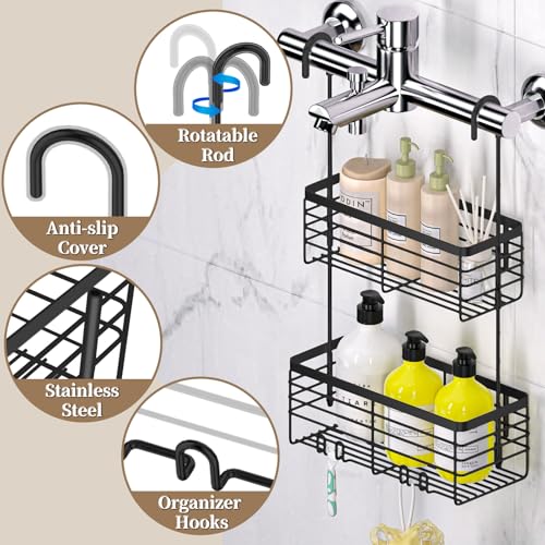 DELLAN 2-Tier Shower Hanging Caddy, Shower Rack with Hooks Over the Door, Stainless Steel Hanging Orangizer and Basket (Black) - color: Black, size: 2-Tier 11"D x 4.7"W x 4.1"H