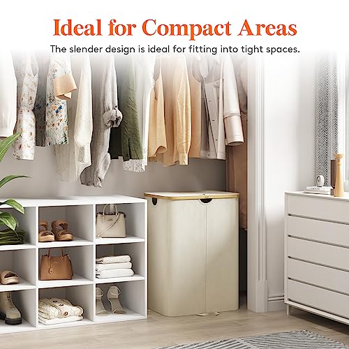 Lifewit 150L Double Laundry Hamper with Lid, Large Laundry Basket with Removable Bag & Bamboo Handles, Fodable Tall Dirty Clothes Hamper for Laundry Collapsible Bin for Bathroom Bedroom Dorm, Beige - color: Beige, size: 150L