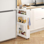 XYZLVSI Slim Storage Cart, 5 in Width, 4-Tier White Rolling Cart with Handle & Wooden Top for Kitchen Bathroom Laundry Narrow Places - size: 5.1IN-White