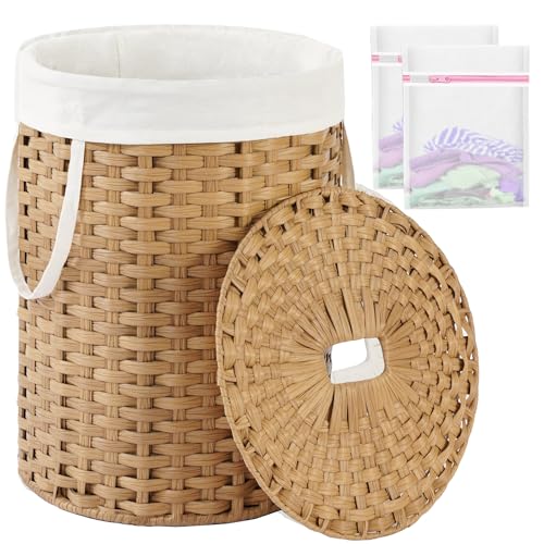 SETVSON Laundry Hamper with Lid 23.8 Gal (90 L) Round Laundry Basket with Lid Handwoven Clothes Hamper Removable Bag 2 Mesh Bags Rattan Woven Basket Handles for Bathroom Living Room Natural - color: Natural, size: 23.8 Gal - 90L