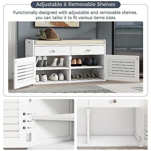 WARMHONIU Shoe Storage Bench with 2 Drawers, Entryway Bench with Cushion, Adjustable Shelves, Shoe Rack Bench with Louvered Doors for Entryway, Bedroom, Hallway, White - color: White, style: 2 Drawers Storage
