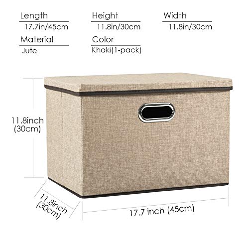 PRANDOM Large Collapsible Storage Bins with Lids [1-Pack] Jute Fabric Foldable Storage Boxes Organizer Containers Baskets Cube with Cover for Home Bedroom Closet Office Nursery (17.7x11.8x11.8) - color: Khaki, size: L(1-Pack)