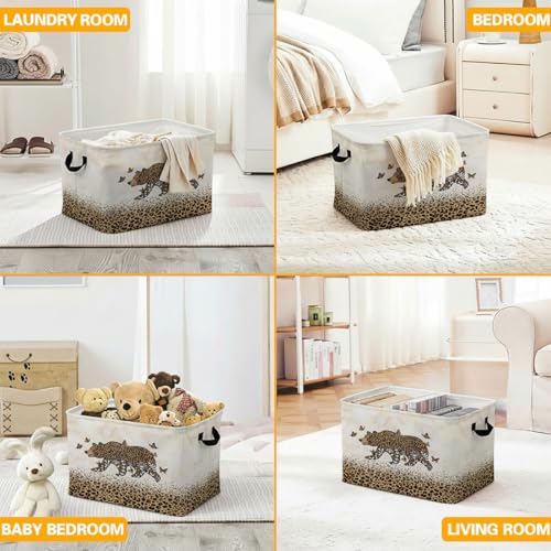 56L Leopard Print Bear Laundry Basket Clothes Hamper with Handles,Foldable Blanket Storage Large Laundry Hamper with Waterproof PE,Toy Storage Bin Organizer,Clothes Organizer,Home Decor - color: Leopard Print Bear